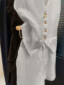 Women's Linen Sleeveless Blazer Vest And Shorts Set, Casual Holiday Outfit Spring/Summer - Light Grey - View 4