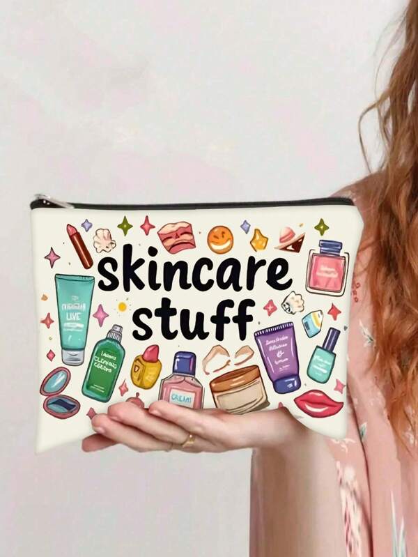 Skincare Stuff Cosmetic Bag - Durable Zipper Closure, Fun Illustrated Makeup Organizer With Colorful Skincare Icons, Lightweight Foldable Travel Toiletry Bag For Men & Women, Gift For Parents Friends Colleagues, Skincare Accessories, Personal Care Pouch, Playful Design, Secure Storage,Christmas Gift