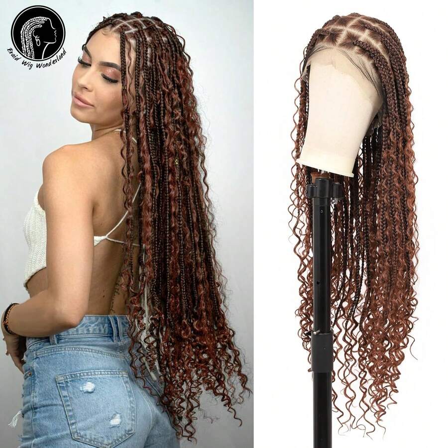 Tóc giả ren bện toàn bộ 360 độ HD cho phụ nữ Tóc giả bện phong cách Boho với tóc trẻ em Tóc giả bện hộp Tóc giả bện toàn bộ bằng ren tổng hợp với phần đuôi xoăn Sử dụng hàng ngày 36" - màu nâu - Xem 1