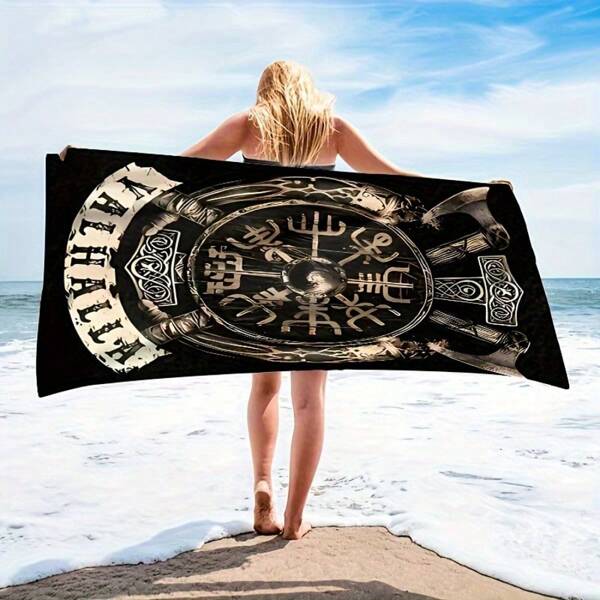 1PC Viking Logo Pattern Beach Towel, Suitable For Vacation, Swimming Beach Lovers, For Loved Ones Oversized Soft Beach Essentials