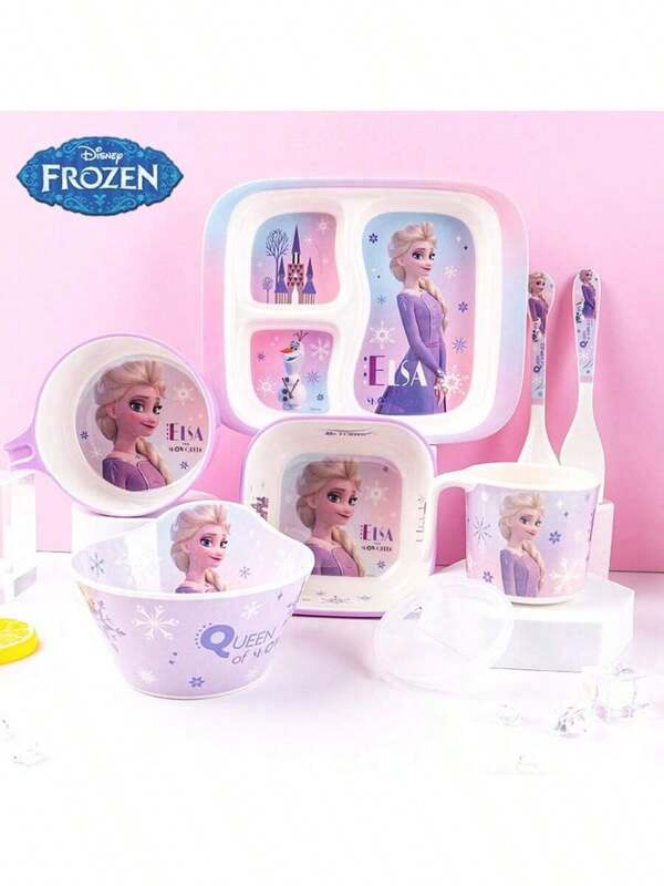 Disney Disney Frozen Elsa, 3pcs Set Of Cutlery With Divider Plate And Fork Spoon, Melamine Material Family Specific Staple Food, Salad, Milk Cereal Three Grid Plate, Dessert Cake Fork Spoon, Suitable For Gift Giving And Outdoor Picnic Carrying,School Supplies