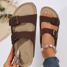 Women Sandals Slip On Comfortable Adjustable Buckle Cork Footbed Easy Wear - Dark Brown - View 7
