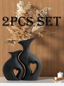 Set de 2 vaze din rășină în formă de inimă, cu goluri, - Sculptură decorativă minimalistă, potrivită pentru sufragerie, dormitor, hol sau ca și cadou | Decor modern pentru casă alb-negru, potrivit pentru vară, absolvire, casă nouă și decor pentru cameră de la școală, Vază din sticlă - Multicolor - Vizualizare 10