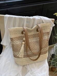 春夏女士草编托特包，镂空花边大容量旅行沙滩单肩包，适合时尚出游，非常适合海滩和日常使用 - 米色 - 查看 4
