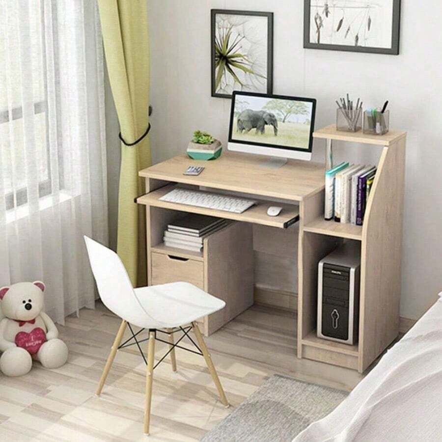 Wooden Computer Desk With Sliding Keyboard Storage Shelves For Home Office Bedroom - 31.5x12x35.4 Inch Study Desk - Default - View 1
