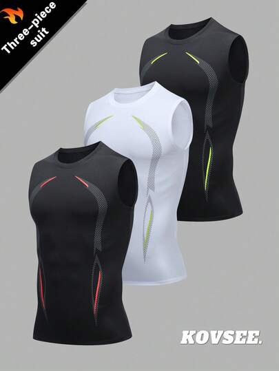 KOVSEE 3pcs Quick-Dry Workout T-Shirt, Tank Top, Base Layer Shirt For Men, Breathable, Moisture Wicking, Elastic Compression