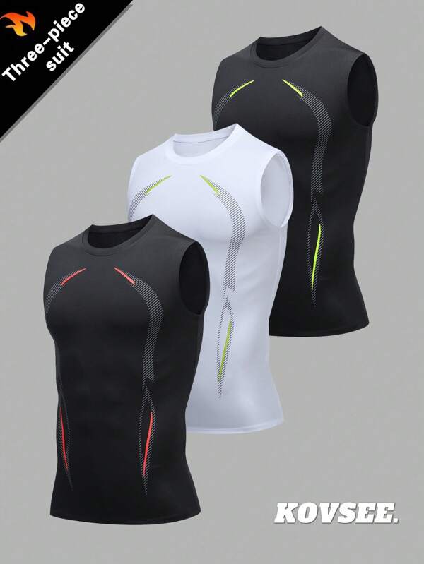 KOVSEE 3 Peças Camiseta de Treino de Secagem Rápida, Regata, Camisa de Camada Base para Homens, Respirável, Absorção de Umidade, Compressão Elástica
