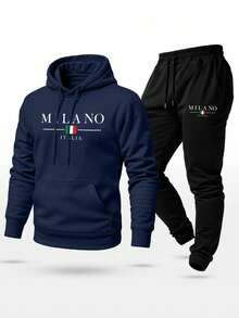 Unisex Sweatshirt Set With Milano Italy Print, Pants And Hooded Top With  Pocket - Navy Blue - View 1