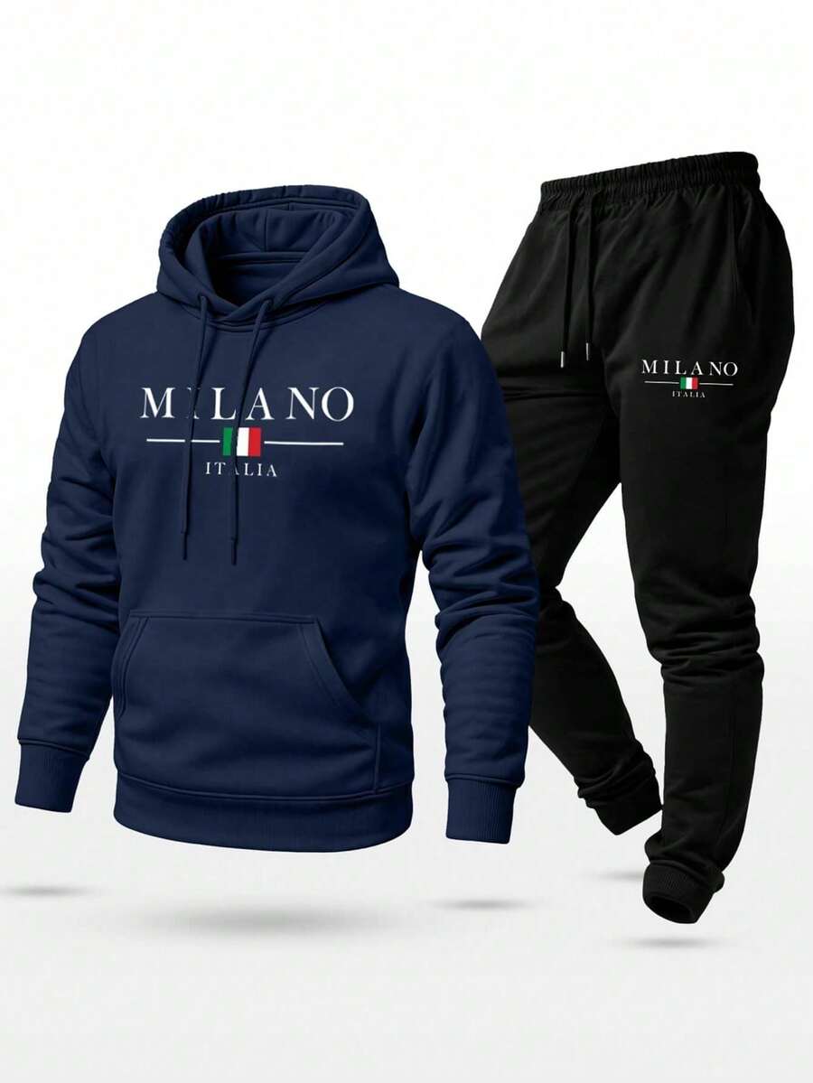 Unisex Sweatshirt Set With Milano Italy Print, Pants And Hooded Top With Pocket - Navy Blue - View 1