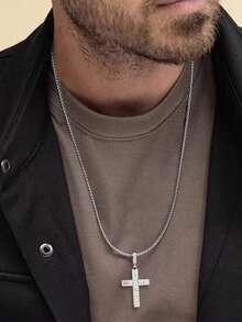 1pc Fashionable Hip Hop Style Men's Necklace With Cross Element, Gift Box Packaging Accessory For Daily Wear And Party - Silver - View 12