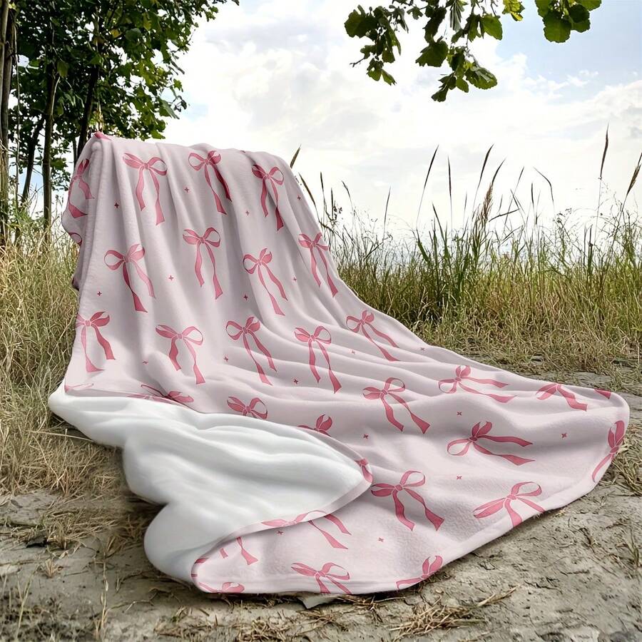 1PC Pink Bow Flannel Wool Blanket, Soft And Skin Friendly Shawl, Lightweight Perfect Gift, Perfect Home Decoration For Sofa, Sofa, Travel, Bedroom, Suitable For Family And Friends, Machine Washable, 100% Polyester Fiber, Digital Printing, Modern Style, Suitable For All Seasons - Multicolor - View 1