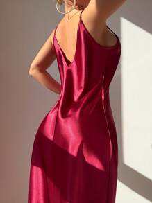 1pc Women's Elegant Solid Color Slip Dress With Slit, Sexy Spaghetti Strap, Lightweight And Soft Sleepwear For Homewear, Vacation