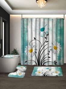 [Floral Shower] Ensemble de rideaux de douche fleuris de style ferme, 1 pièce/4 pièces rideau de séparation de salle de bain avec 12 crochets, tapis de bain, tapis de toilette en forme de U, housse de siège de toilette, accessoires de salle de bain, décoration de salle de bain Back to School