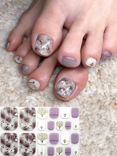3D Holographic Sequin Marble Pattern Nail Stickers, Summer Travel & Party Wear, 22pcs Toe Nail Art Decals