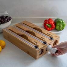 Bamboo Storage Box 2 In 1/3 In 1 Bamboo Storage Box, 1pc Storage Bag Organizer | Multipurpose Fresh-Keeping Bag Box With Cutter, For Fresh-Keeping Film, Aluminum Foil Film And Plastic Bag, Kitchen Organizers Kitchen Accessories 3 In1 Aluminum Foil Plastic Wrap Dispenser With Cutter And Label