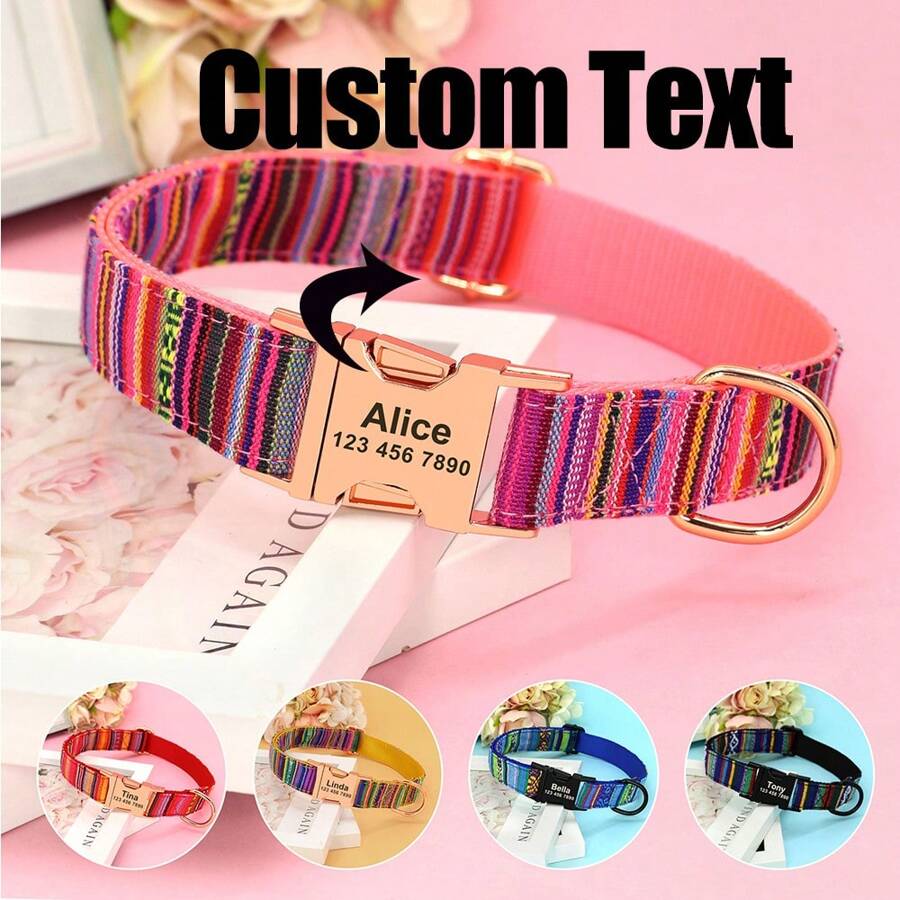 Collar personalizado para perros de nailon suave a rayas con placa de identificación grabada, collar de mascota ajustable y antiextravío