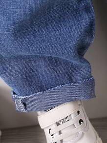 Baby Boy Casual Solid Color Denim Bib Overalls With Pockets, Boys' Comfortable Denim Cargo Pants With Bear Patch, Ideal For Outdoor Activities