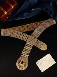 1 pieza Cinturón de bata marroquí chapado en oro metálico, con patrón floral grabado y acentos de rubí sintético, cinturón de joyería para batas de damas árabes, bodas y fiestas