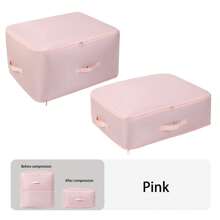 Ultra Space Saving Self Compression Organizer Extra Large Jumbo Zippered Storage Bag For Closet King Comforter, Pillow, Quilt, Bedding, Clothes, Blanket Organizers Carry Handles Can Be Compressed Storage And Organization Moving Bags Pink/Beige/Blue Bag For School School Accessories School Stuff