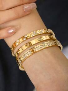 1pc/3pcs Fashion French Luxury Stainless Steel Devil's Eye, Clover, Pentagram Zirconia Bracelet, 18K Gold Plated, Simple & Elegant, Not Discolored Buckle Bangle, Suitable For Women Daily & Date Wearing