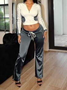 2pcs/Set European Style Women's Striped Colorblock Zipper High Waist Drawstring Pants Suit, All Season