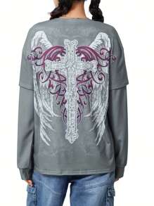 Women Vintage Graphic Grunge Tops Y2K Goth Long Sleeve Fake Two Shirts Spring Fall Alt Clothing For Teen Streetwear