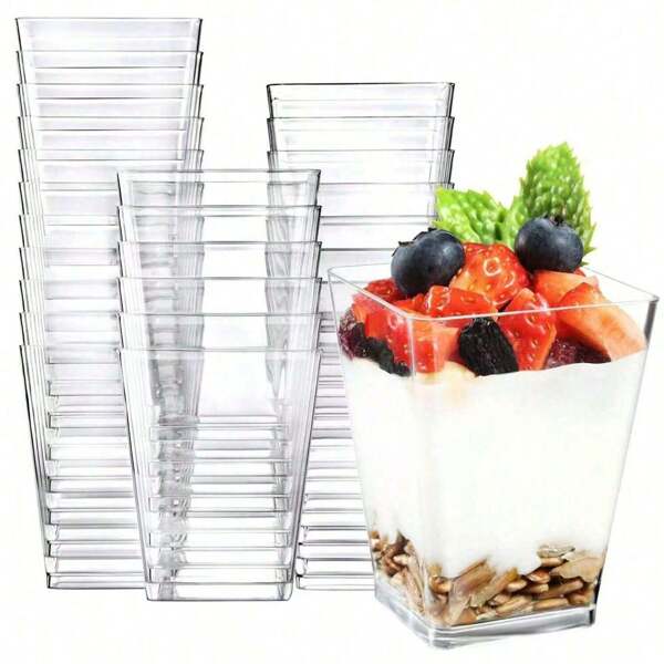 100pcs/50pcs/25pcs/20pcs/10pcs Square Transparent Ice Cream Mousse Cup, Comes With Clear Lid, Dessert Cups, Pudding Cups, Featuring Low Temperature And Easy Cleaning, Suitable For Cafe, Snack Bar, Buffet Dessert, Home, Guests, Kitchen, Baking Party, Pudding, Cheesecake, Mousse, Jelly Cupping