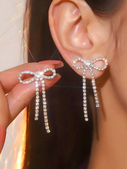 Retro Shining Tassel Club Bowknot Tie Crystal Rhinestone Earrings Stud Wedding Party Graduation Jewelry 1 Pair