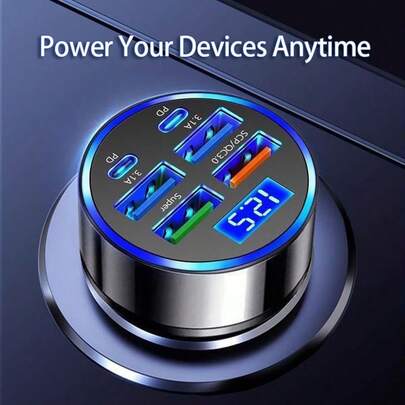 1个带数字显示电压的6口车载充电器，支持PD/QC3.0快充，USB-C接口，兼容 15/14/13/12 Pro Max、Galaxy S23等手机，也兼容iPad、安卓手机、笔记本电脑等设备。这款快充适配器支持快速充电，并可同时为多台设备充电。小巧的设计方便您随时随地高效充电。这款车载快充充电器是馈赠亲友、生日、圣诞节、冬季的理想之选。