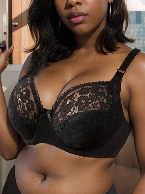 Plus Size Women Thin Foam Padded Lace Sheer Underwire Bra, Romantic French Style Elegant Lingerie