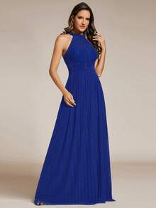 Glittery Ruched Waist Ruched Halter Neck Party Dress Royal Blue Elegant Formal Prom Wedding Guest Gown, For Graduation, Dinner - Royal Blue - View 4