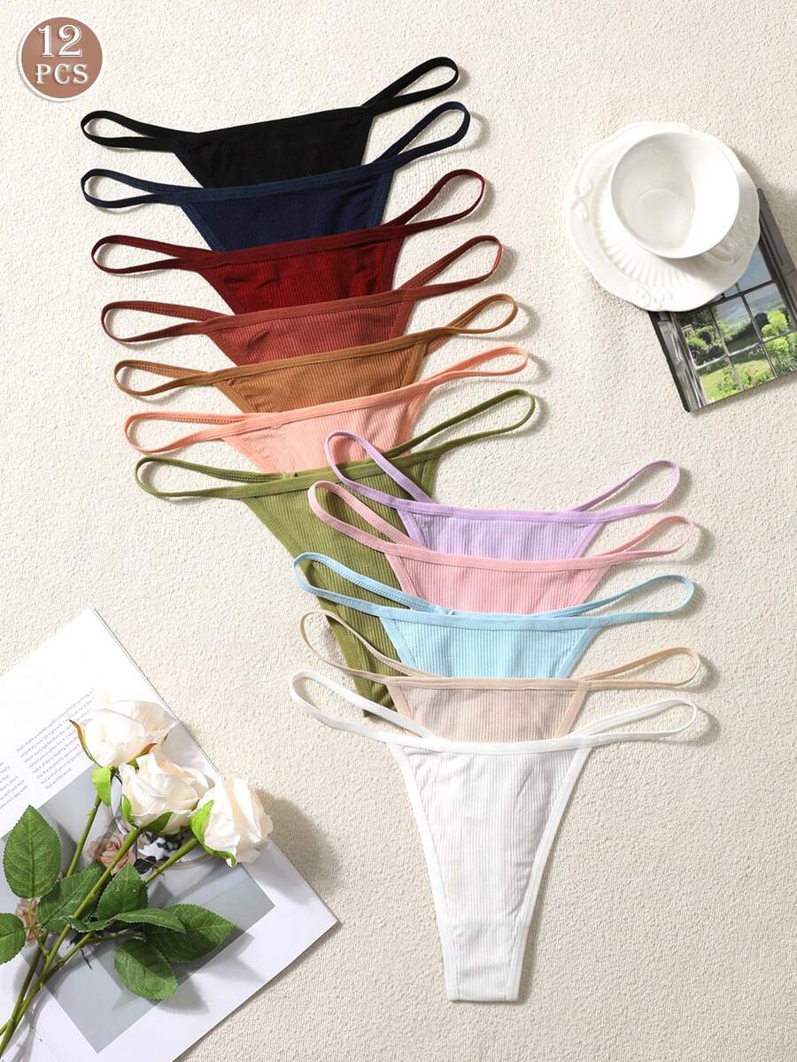12pcs/Set Women Assorted Color Ribbed Thong Panties