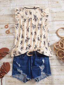 女士时尚花卉印花系带荷叶边背心