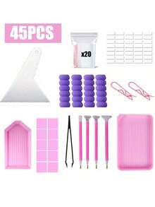 5D 鑽石畫套裝－完整 DIY 手工藝套組，配備多功能工具、刺繡盒、可調式畫筆，包含鑷子、膠水與塑膠托盤，適合成人 DIY 節日送禮 - 粉色 - 查看 6