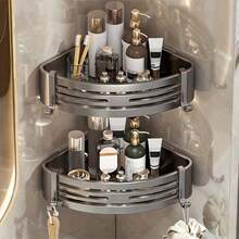 1pc Space-Saving Aluminum Bathroom Corner Shelf, Wall-Mounted Storage Rack With No Drilling Required, Triangular Design Suitable For Bathroom And Kitchen, Comes With Hooks, Essential For Back To School Season - Multicolor - View 4