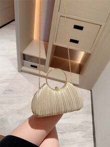 1pc Women's Elegant Box Pleated Design Evening Bag, Luxury Glitter Handle Clutch Purse, Charming Formal Dress Party Handbag Suitable For Dates, Balls, Birthdays, And Formal Occasions, Clutch Bag For Wedding - Gold - View 5