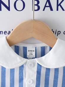 Set de 2 cămașă cu mânecă scurtă, cu guler bleumarin, dungi, cu jumătate de fantă, și pantaloni scurți de culoare uni pentru bebeluși băieți, la modă, casual, potrivit pentru purtare zilnică de vară și vacanță - Multicolor - Vizualizare 6