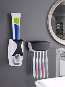 2pcs/Set Toothbrush Holder, With Automatic Toothpaste Dispenser, Without Punching Holes, Wall-Mounted Fully Automatic Toothbrush Holder And Toothpaste Dispenser Set, Dustproof, Space-Saving Bathroom Organizer, Plastic Material - Multicolor - View 3