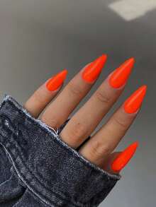 24 片杏仁形按压指甲 - 鲜艳的橙红色光泽中长假指甲，适合女士，春夏日常佩戴和特殊场合，是送给她的完美礼物，美甲技术礼品，精致的美甲美甲用品 - 橘色 - 查看 2