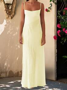 Women Long Dress Lace Patchwork Sleeveless Cami Dress Summer Tie-Up Backless Spaghetti Strap Dress - Màu vàng - Xem 5