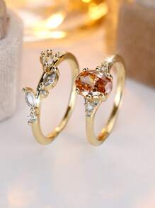 Vanel 2PCS Fashion Elegant Inlaid Cubic Zirconia Oval Cut Ring 2 Pieces Set Ring Casual Gift Choice