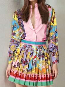 2pcs/Set Women Long Sleeve Printed Shirt Blouse And Pleated Skirt Set