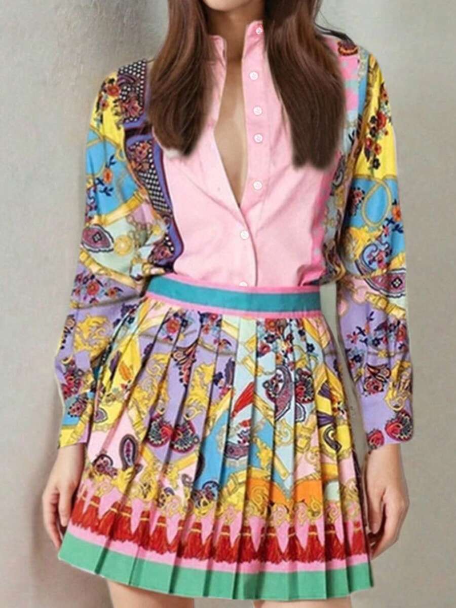 2pcs/Set Women Long Sleeve Printed Shirt Blouse And Pleated Skirt Set