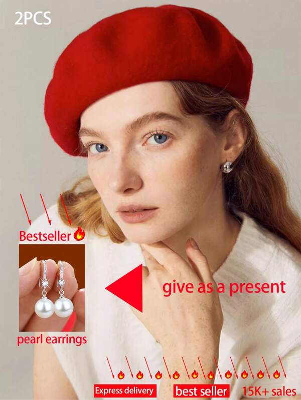 2 Pcs/Set Pearl Earrings And Women's Beret Hat, Candy Color Beret Hat For Autumn/Winter, Adjustable & Breathable, Retro Artist Beret, Suitable For Various Occasions