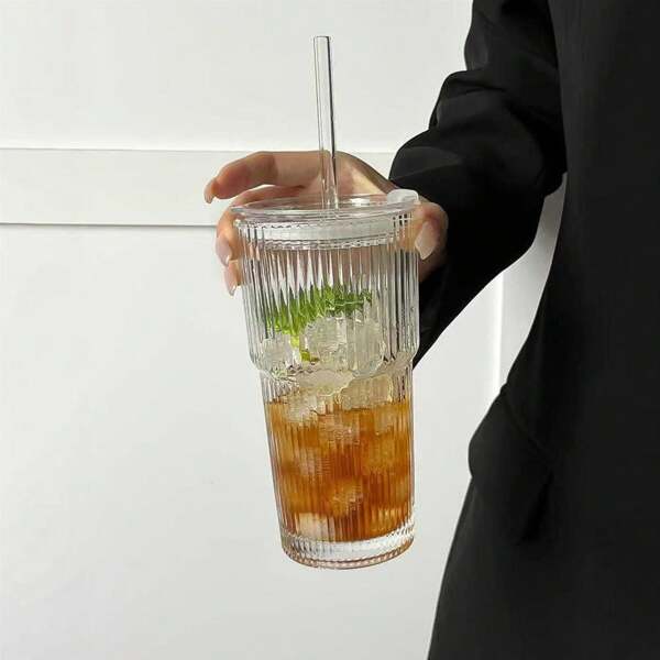 1PC 400ml/600ml/21.1oz Glass With Lid, Straw, Vertical Stripe Pattern, Suitable For Drinking Water, Juice, Iced Coffee 1 600ml/21.1oz Glass With Lid, Straw, Vertical Stripe Pattern, Suitable For Drinking Water, Juice, Iced Coffee, Home, Hotel, Party, Restaurant