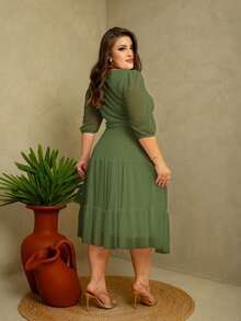 Plain Tulle Godet Dress With Belt 3/4 Sleeve Conservative/Modest Elegant Evangelical Church Fashion Santa Modas - 苔蘚 - 查看 2