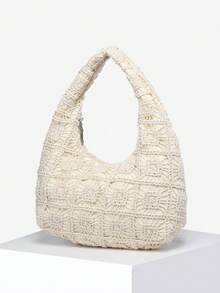 1 件女士复古朋克波西米亚风格海洋装饰沙滩包，钩编铆钉油性皮革大容量单肩包，适合外出、派对和日常穿着 - 米色 - 查看 2