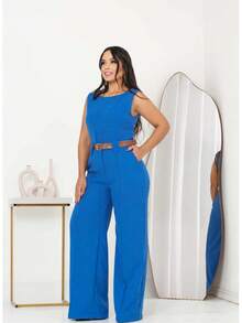 Women's Set Tank Top And Pants Tailored Simple Elegant Casual With Belt Pocket - 藍色 - 查看 3
