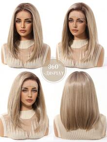 14 英寸优雅直发女士合成蕾丝假发 - 13x6 英寸透明蕾丝前部，高温纤维，无胶，自然外观和舒适贴合，非常适合日常佩戴、圣诞节、音乐节和派对、日常假发 | 优雅发型 | 优质纤维，长发假发 - 漸層 - 查看 3