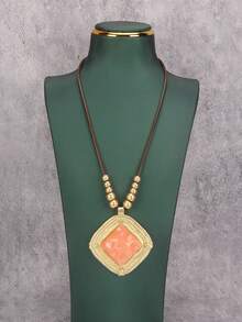 1pc Vintage Style Long Metal Necklace, Gold Square Metal & Pink Resin Pendant, Elegant Gift For Girlfriend, Daily Accessory - Wax Rope - View 8